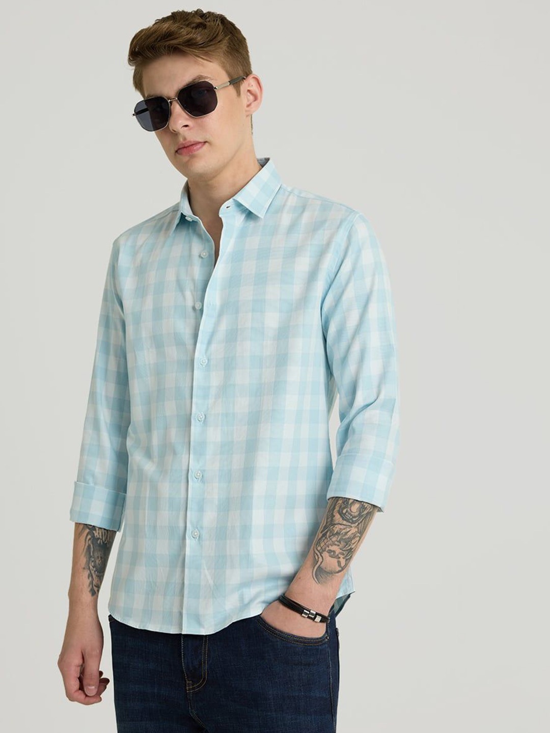 

Snitch Men Smart Spread Collar Gingham Checked Nylon Casual Shirt, Blue