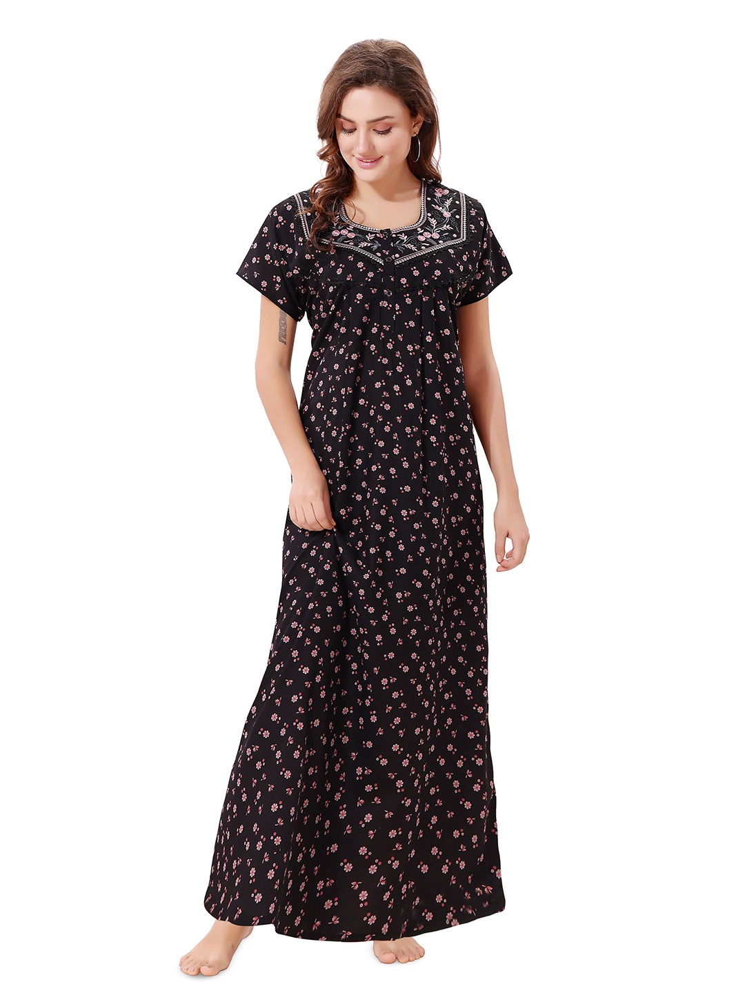 

Soulemo Floral Printed Short Sleeves Pure Cotton Maxi Nightdress, Black