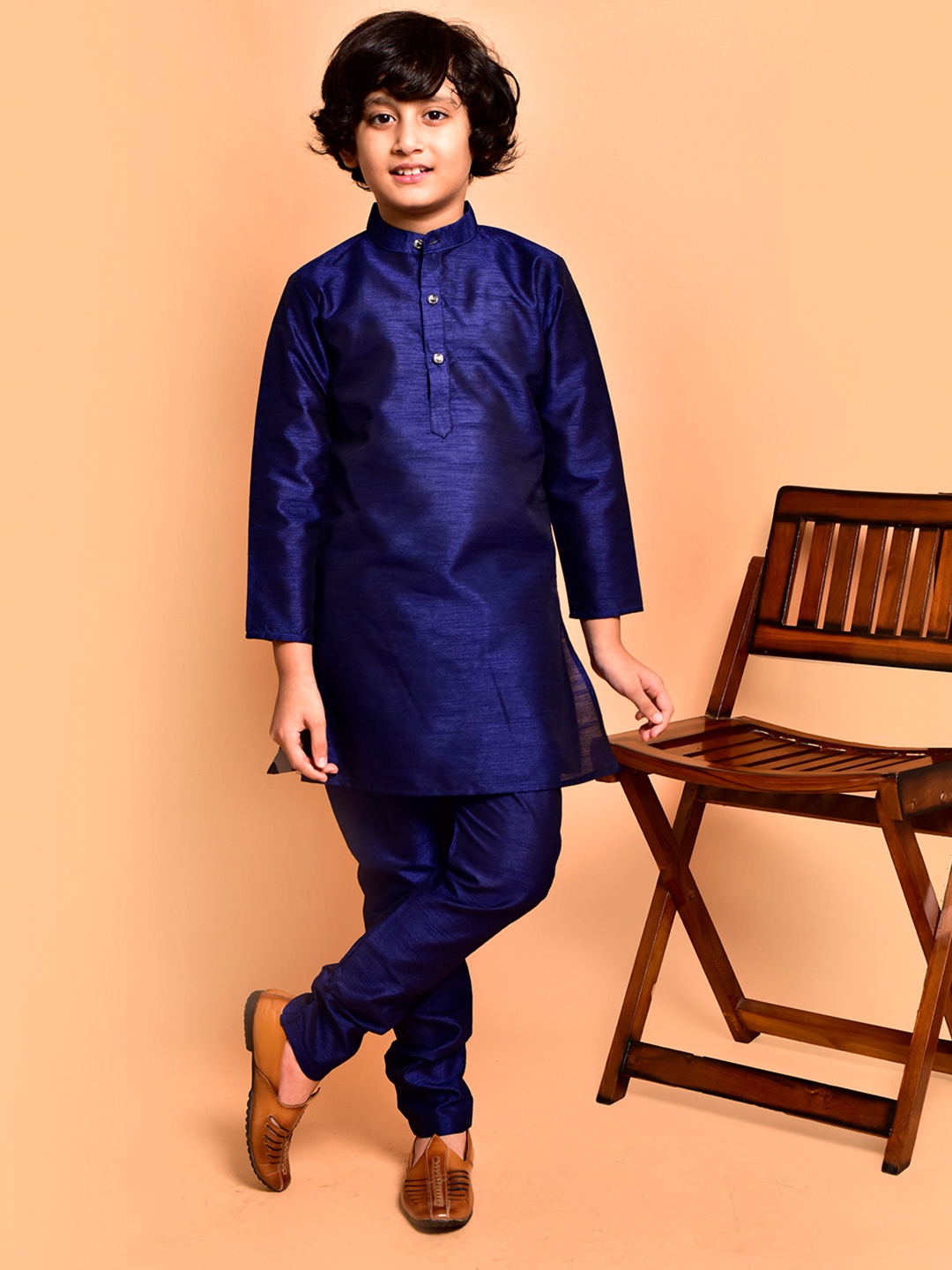 

PRINTCULTR Boys Band Collar Neck Three-Quarter Sleeves Kurta With Churidar, Navy blue