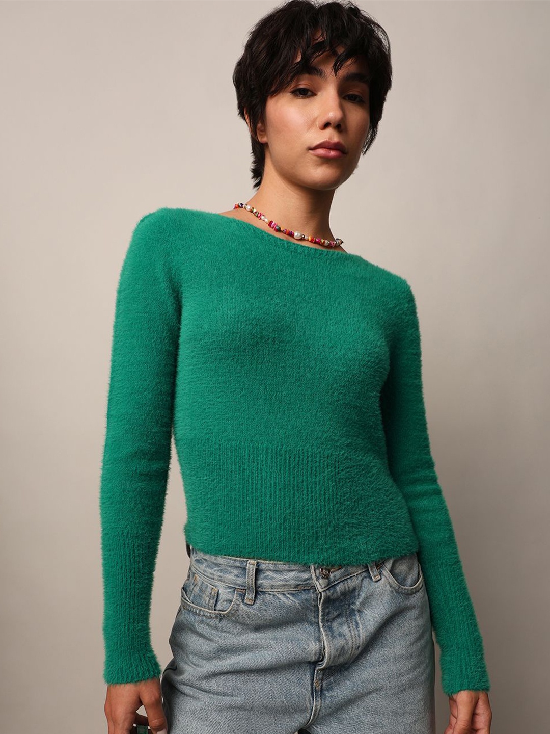 

ONLY Women Ribbed Self Design Boat Neck Pullover Straight Sweater, Green