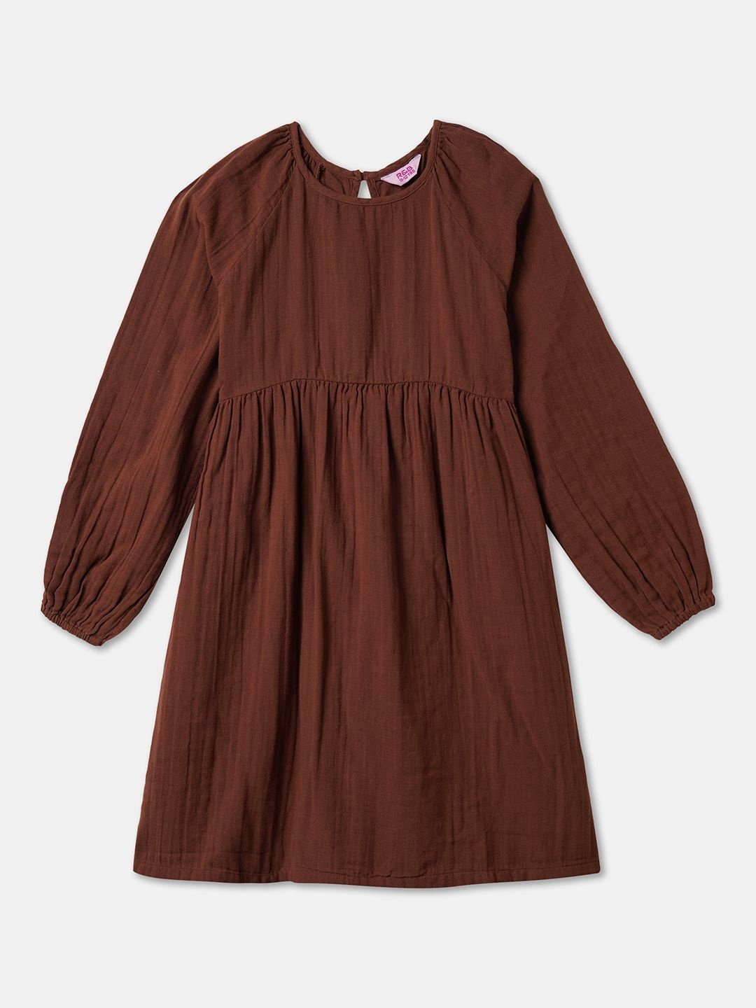 

R&B Girls Solid Puff Sleeve Fit and Flare Dress, Brown
