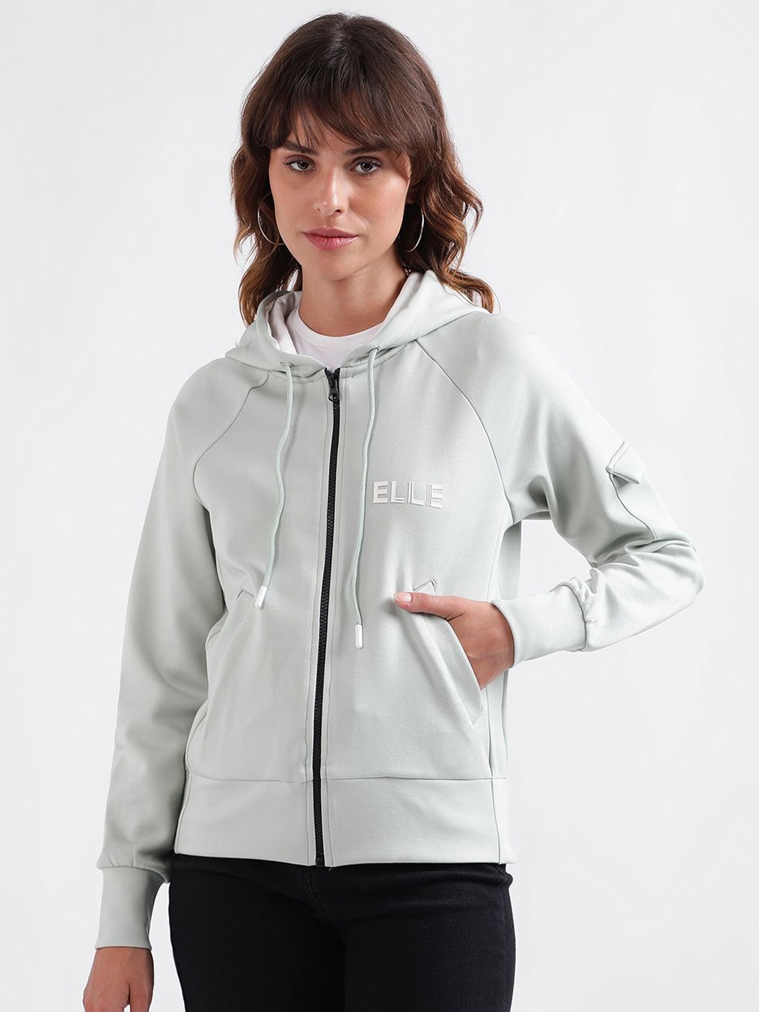 

ELLE Women Solid Hood Front-Open Sweatshirt, Green