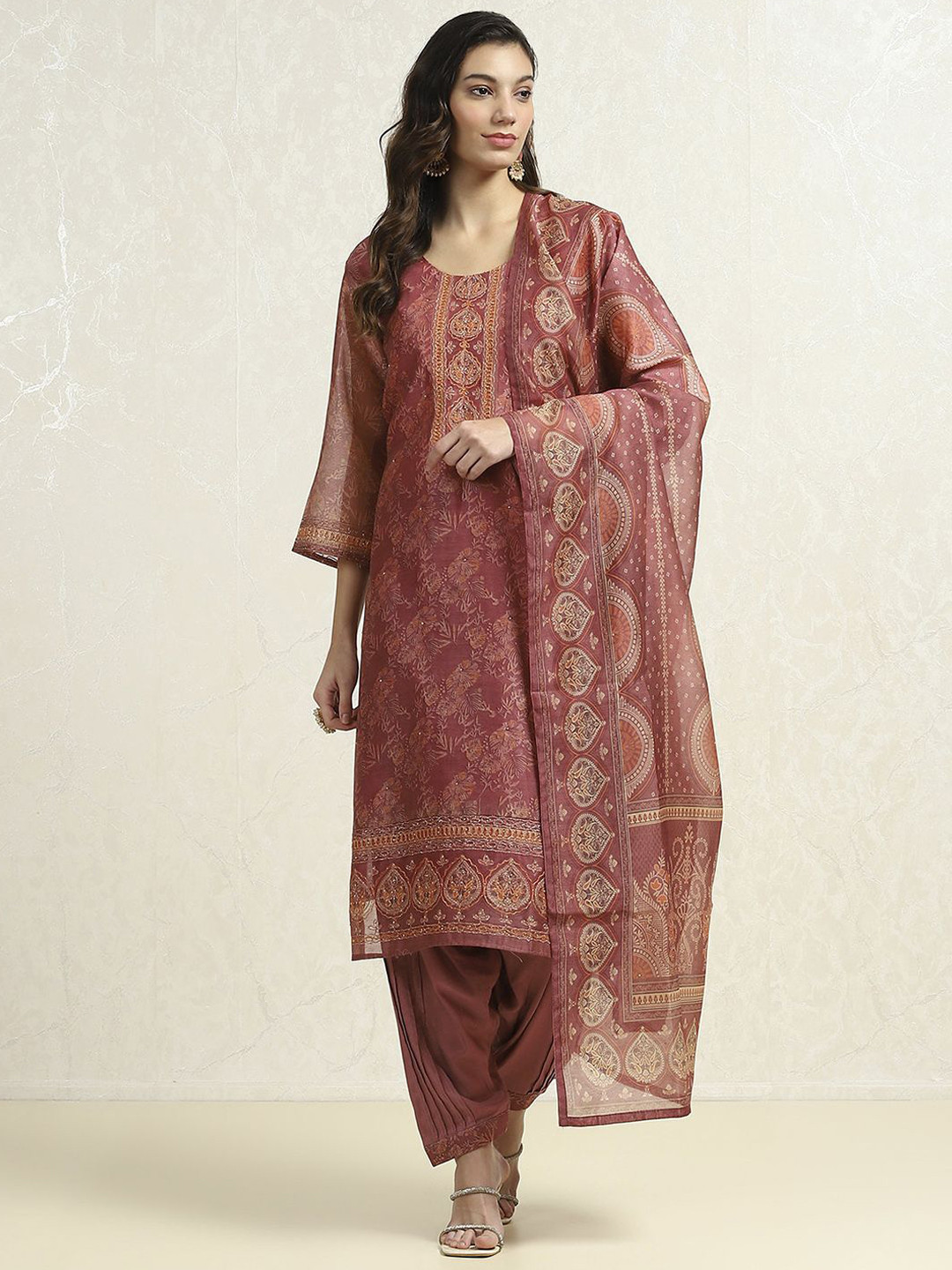 

Biba Floral Woven Design Zari Unstitched Dress Material, Brown