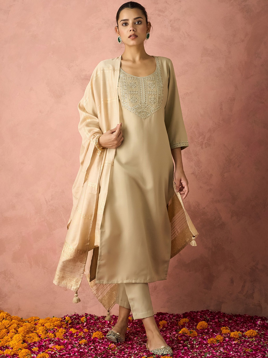 

HRITIKA Ethnic Motifs Embroidered Regular Sequinned Kurta With Trouser With Dupatta, Beige