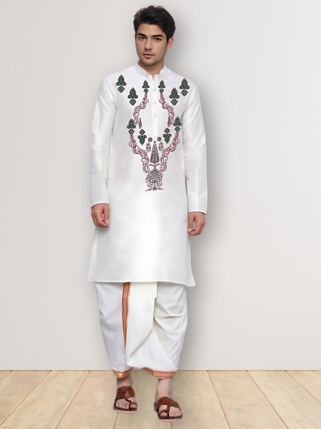

DEVOILER Ethnic Motifs Printed Mandarin Collar Straight Kurta, White