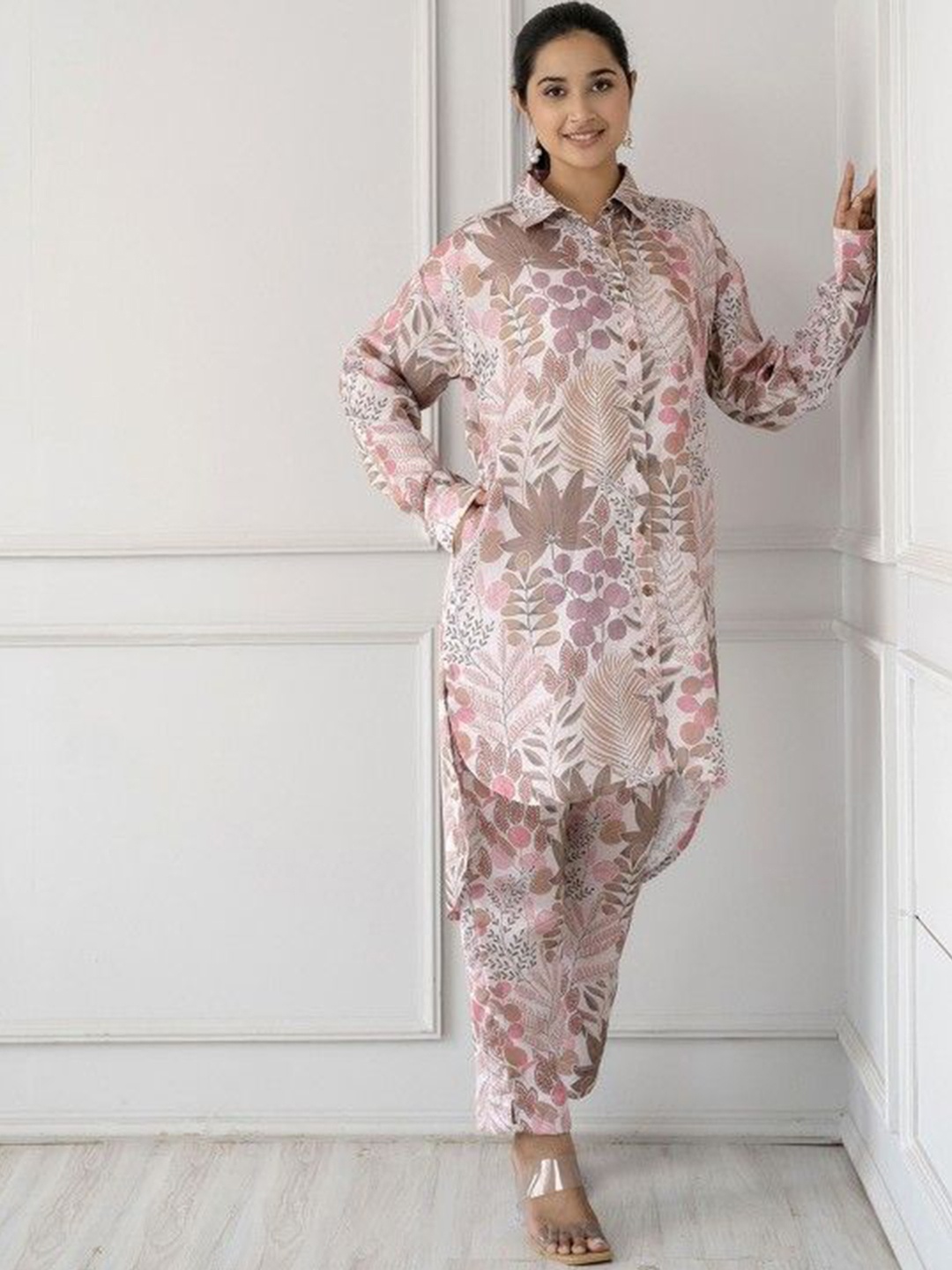 

VASVI Floral Printed Top With Trouser Co-Ords, Pink