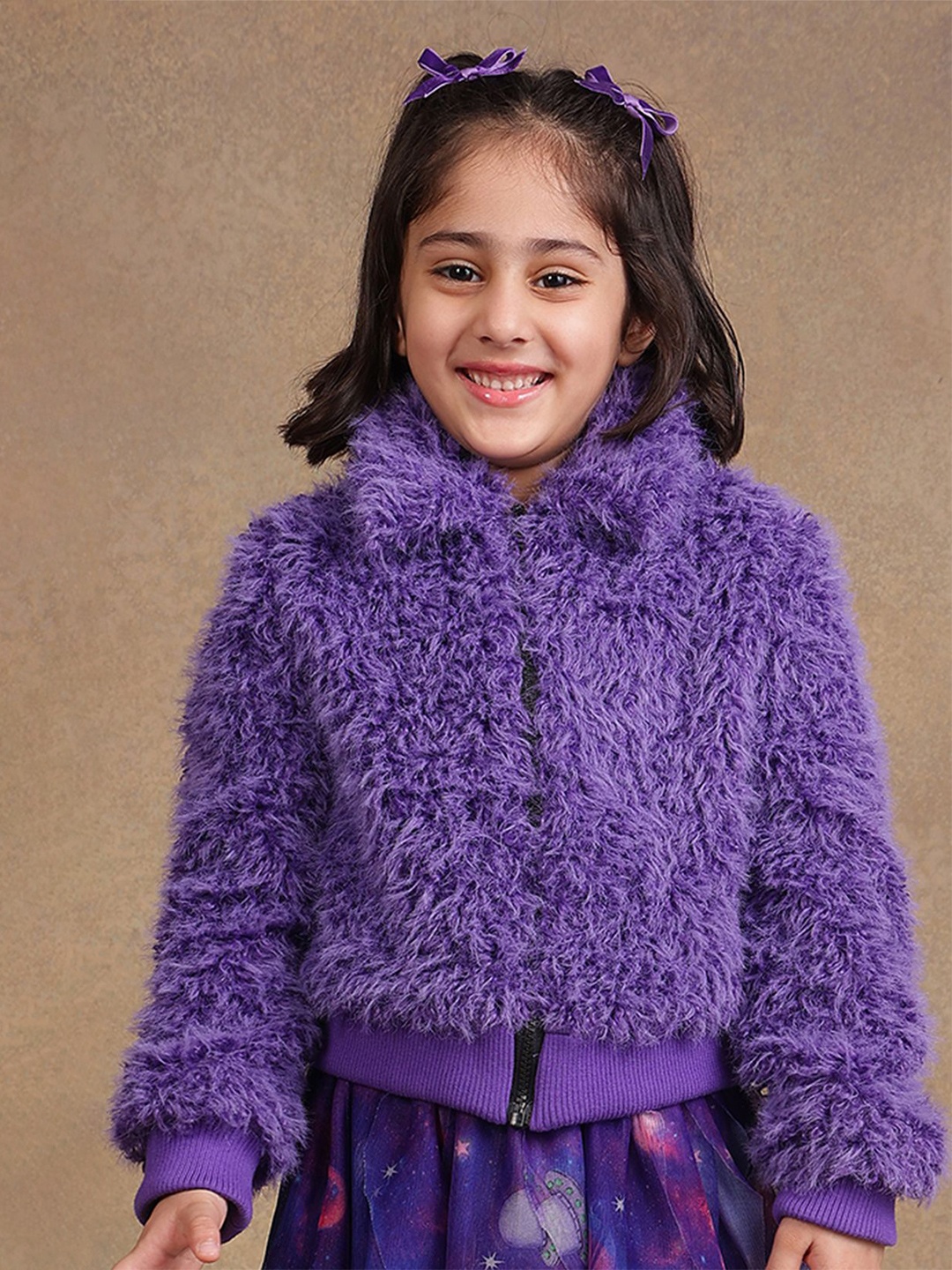 

One Friday Girls Spread Collar Self Design Casual Open Front Jacket, Purple