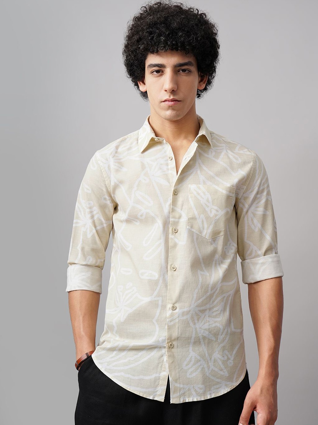 

British Club Men Comfort Spread Collar Abstract Printed Cotton Slim Fit Casual Shirt, Beige