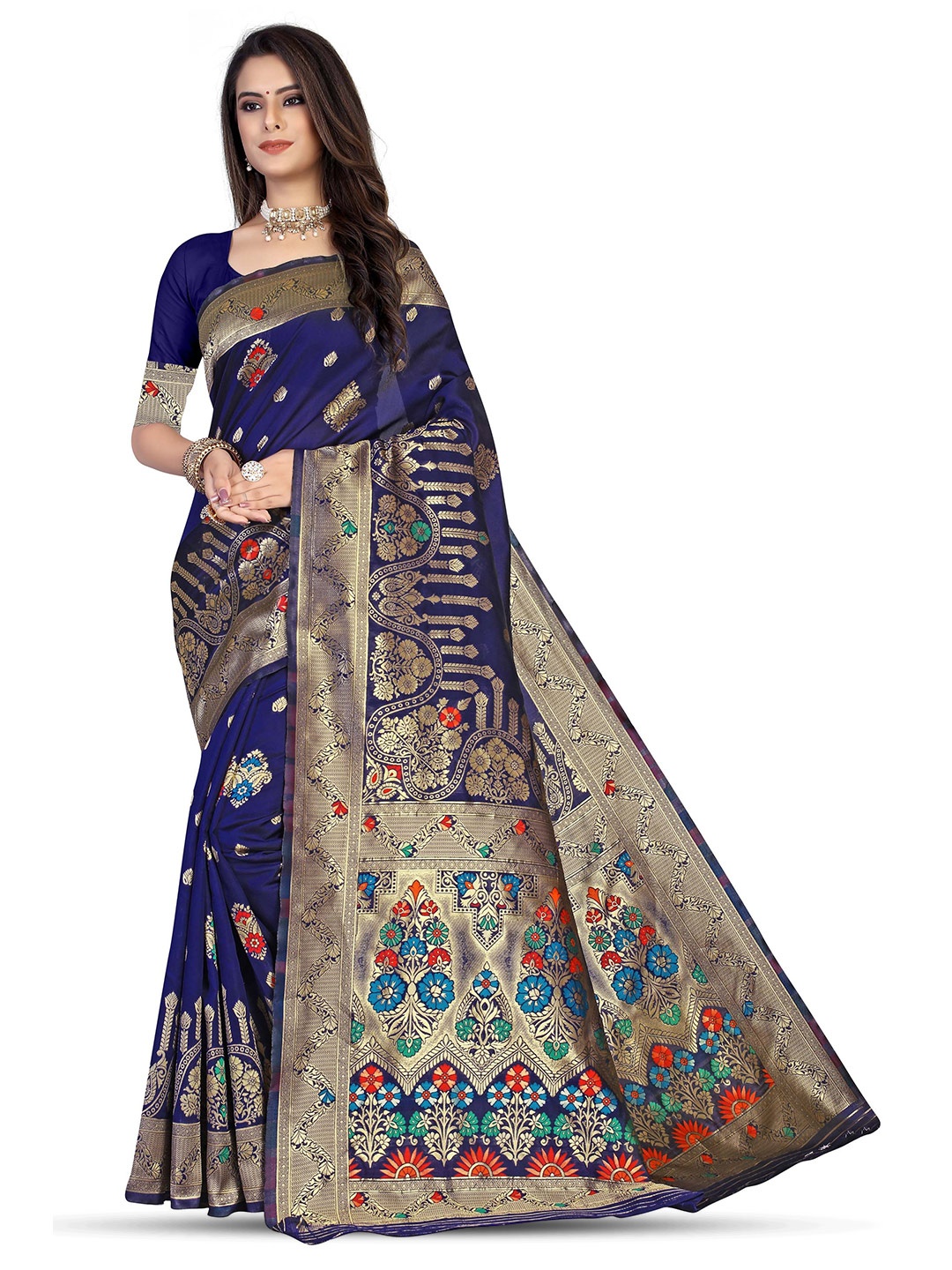 

Maroosh Woven Design Zari Silk Blend Banarasi Saree, Navy blue