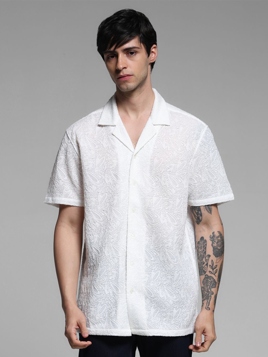 

Jack & Jones Men Cuban Collar Textured Relaxed Fit Casual Shirt, White