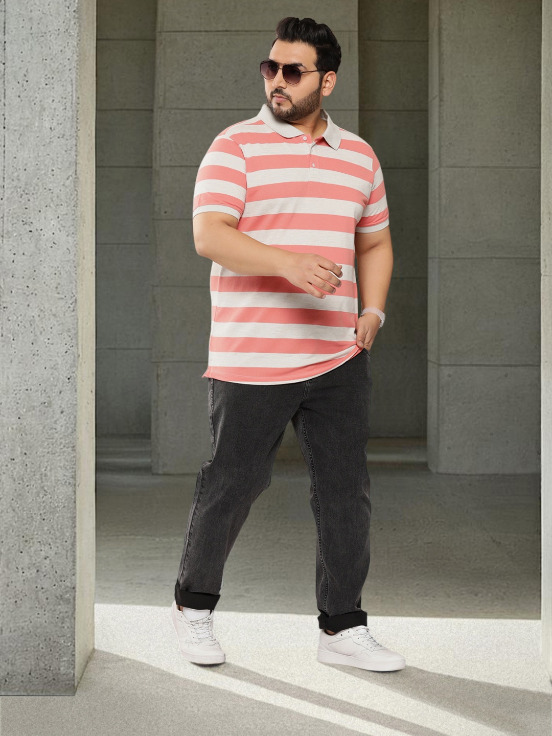 

Sztori Plus Size Striped Polo Collar T-shirt, Pink