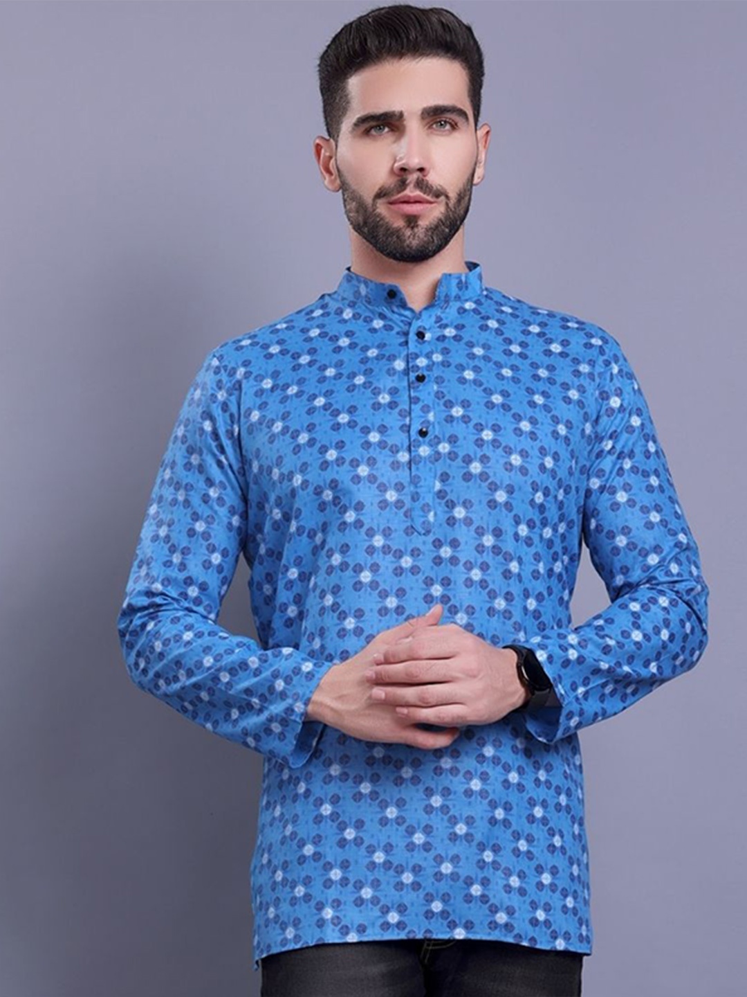 

ENCINO Geometric Printed Band Collar Cotton Kurta, Blue