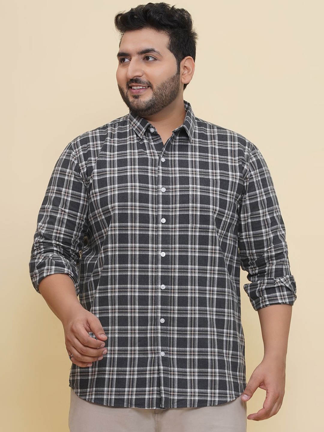 

John Pride Men Spread Collar Gingham Checked Cotton Casual Shirt, Black