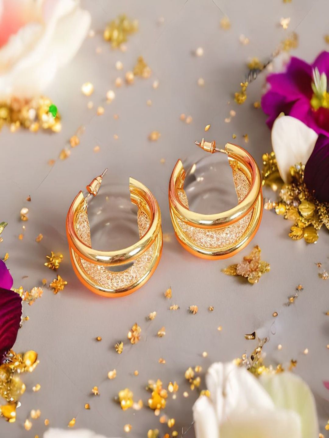 

UNIVERSITY TRENDZ Gold-Plated Cubic Zirconia Stone Studded Hoop Earrings