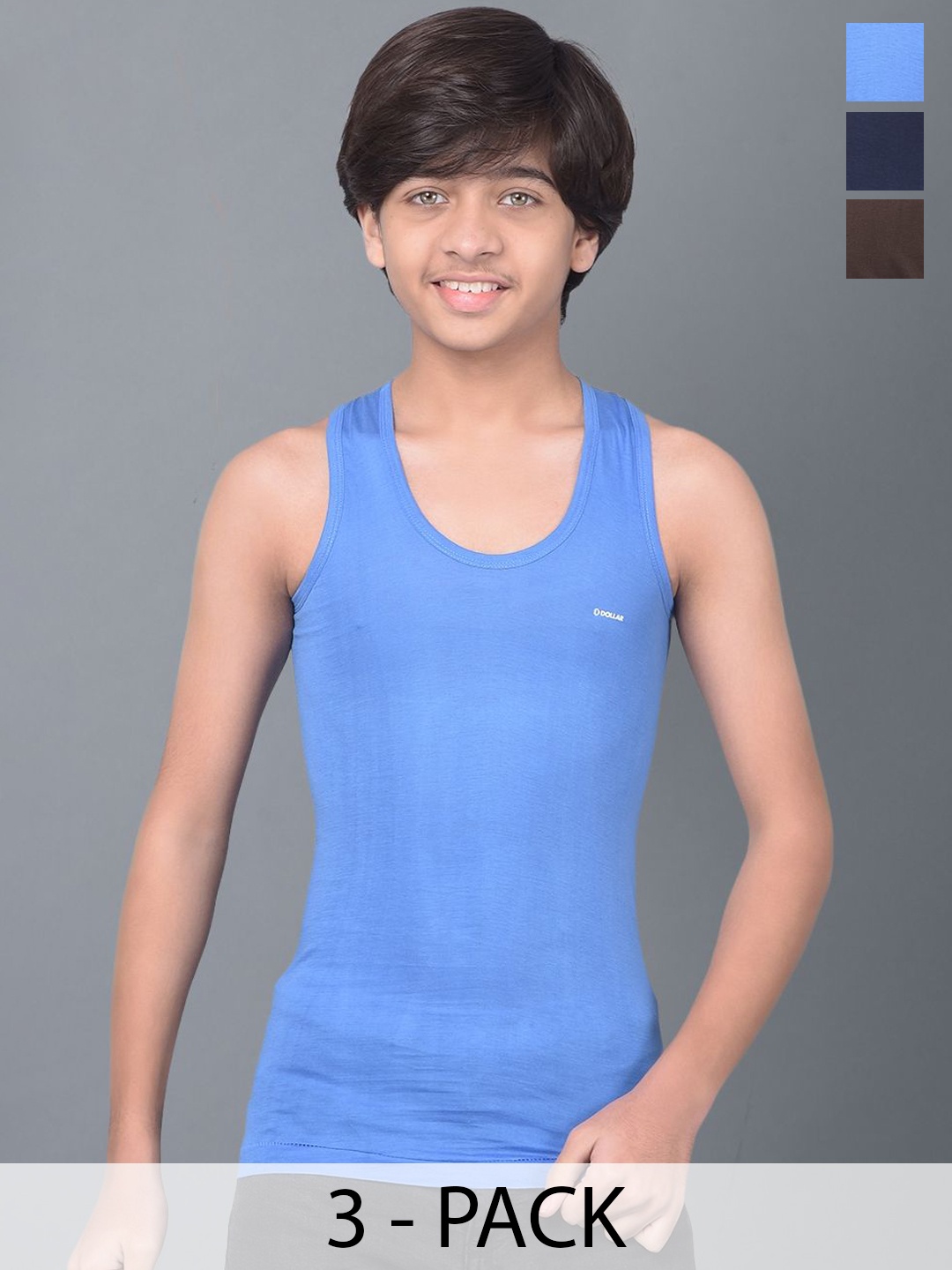 

Dollar Bigboss Boys Pack Of 3 Assorted Innerwear Vests- MBKVE-01-FNRN-CLR-PO3-CO3-Assorted, Blue
