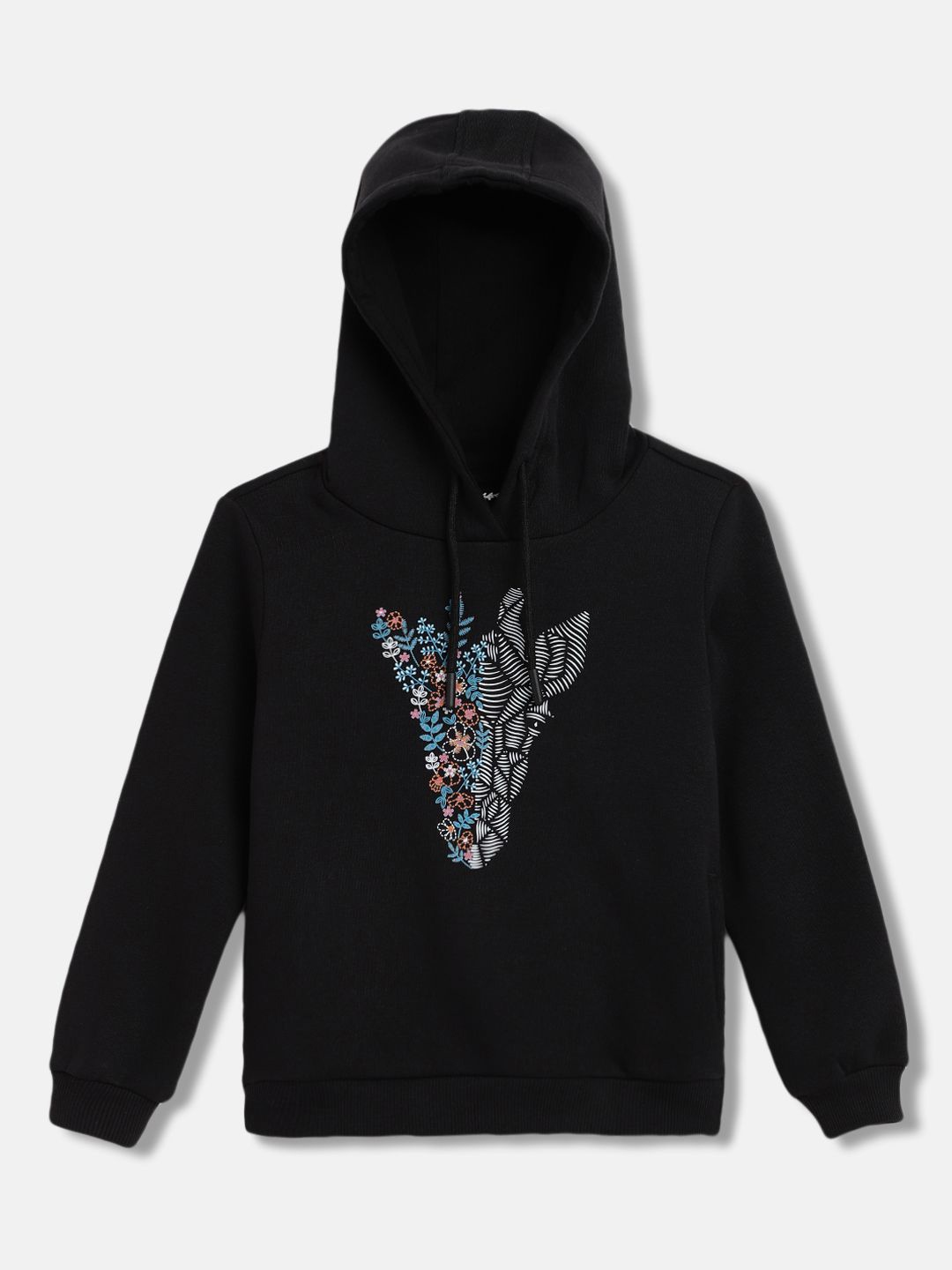 

Blue Giraffe Girls Graphic Printed Hood Cotton Pullover Sweatshirt, Black
