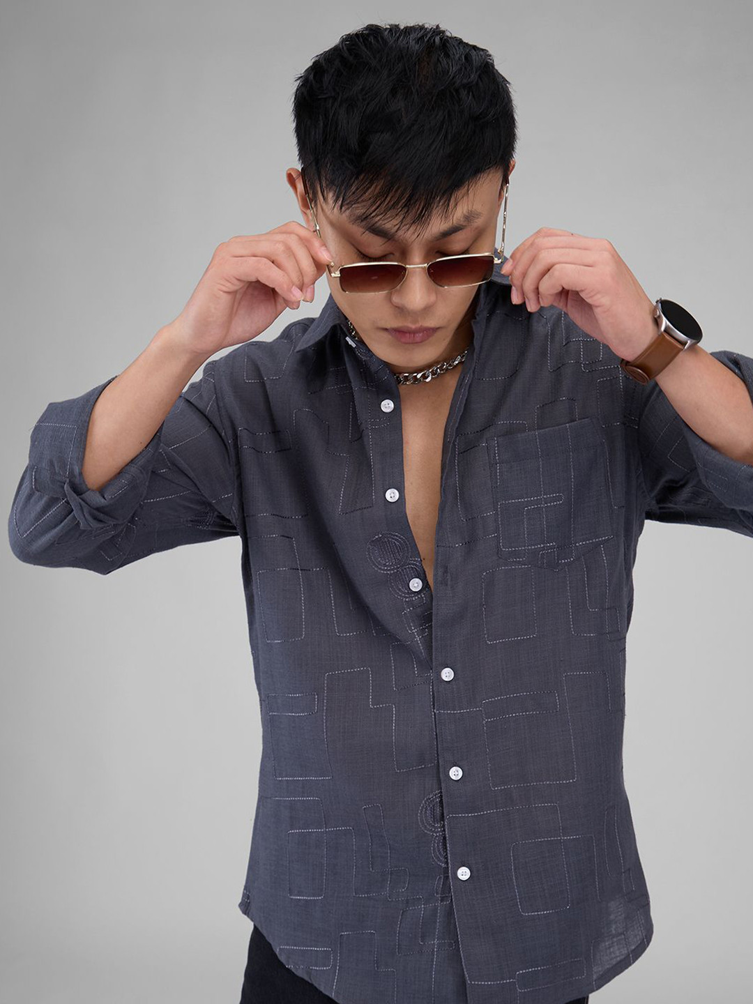 

VASTRADO Men Classic Cutaway Collar Geometric Printed Cotton Slim Fit Casual Shirt, Grey