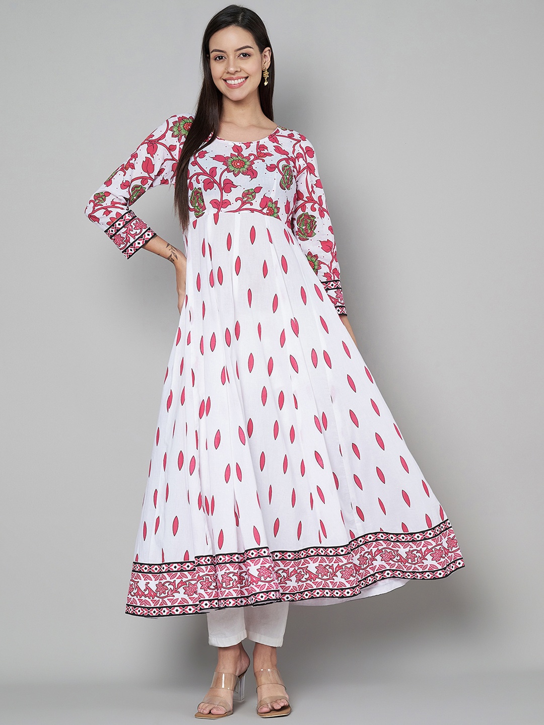 

Poshak Hub Floral Printed Panelled Cotton Anarkali Kurta, White