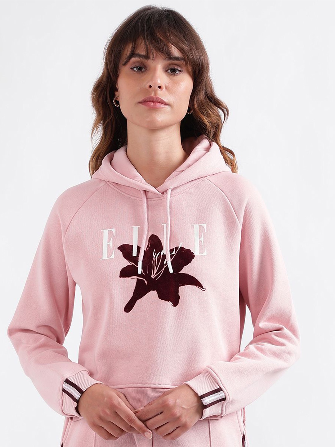 

ELLE Women Floral Printed Hood Cotton Pullover Sweatshirt, Pink
