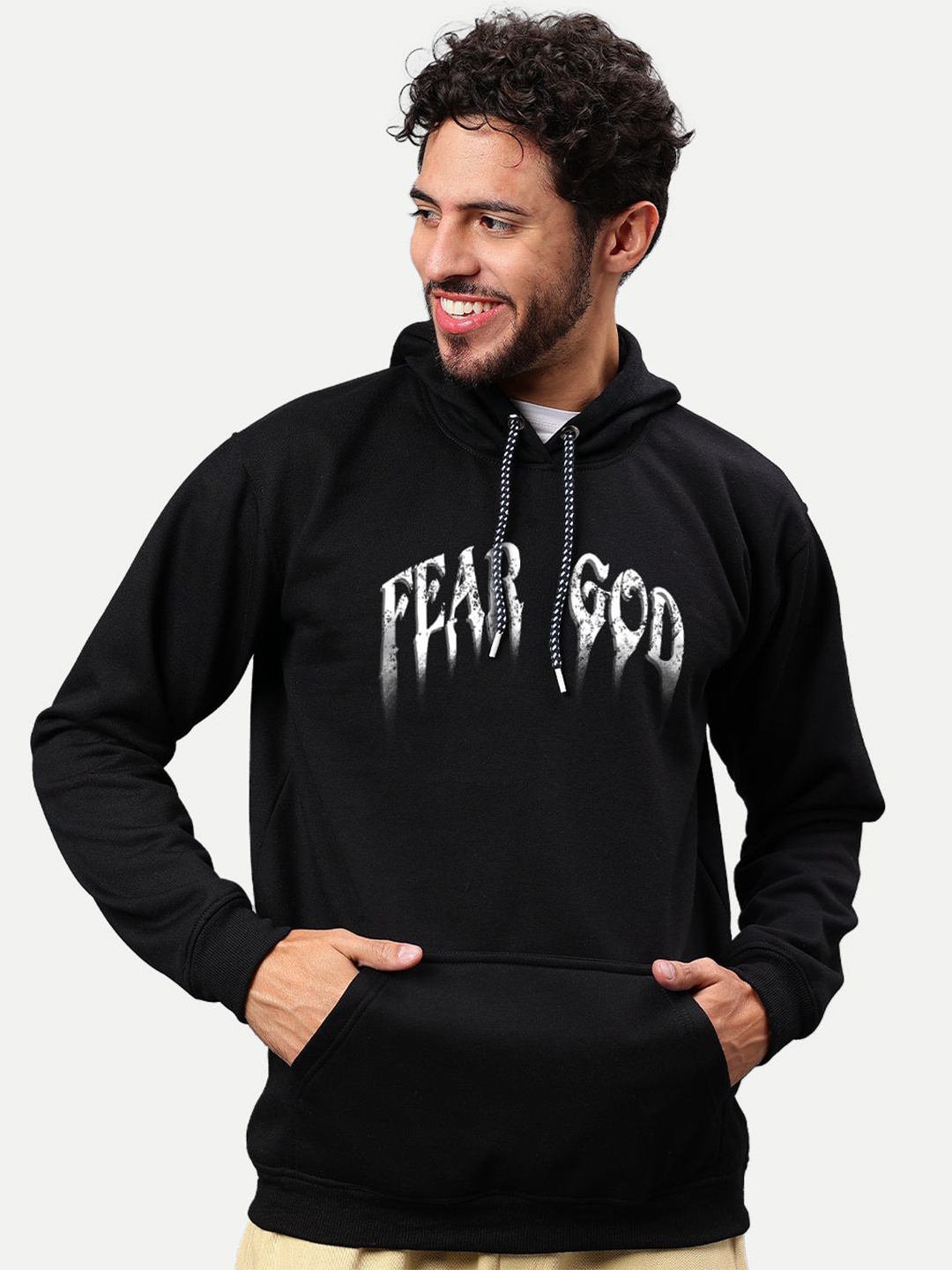 

Mad Over Print Men Typography Printed Hood Pullover Ribbed Sweatshirt, Black