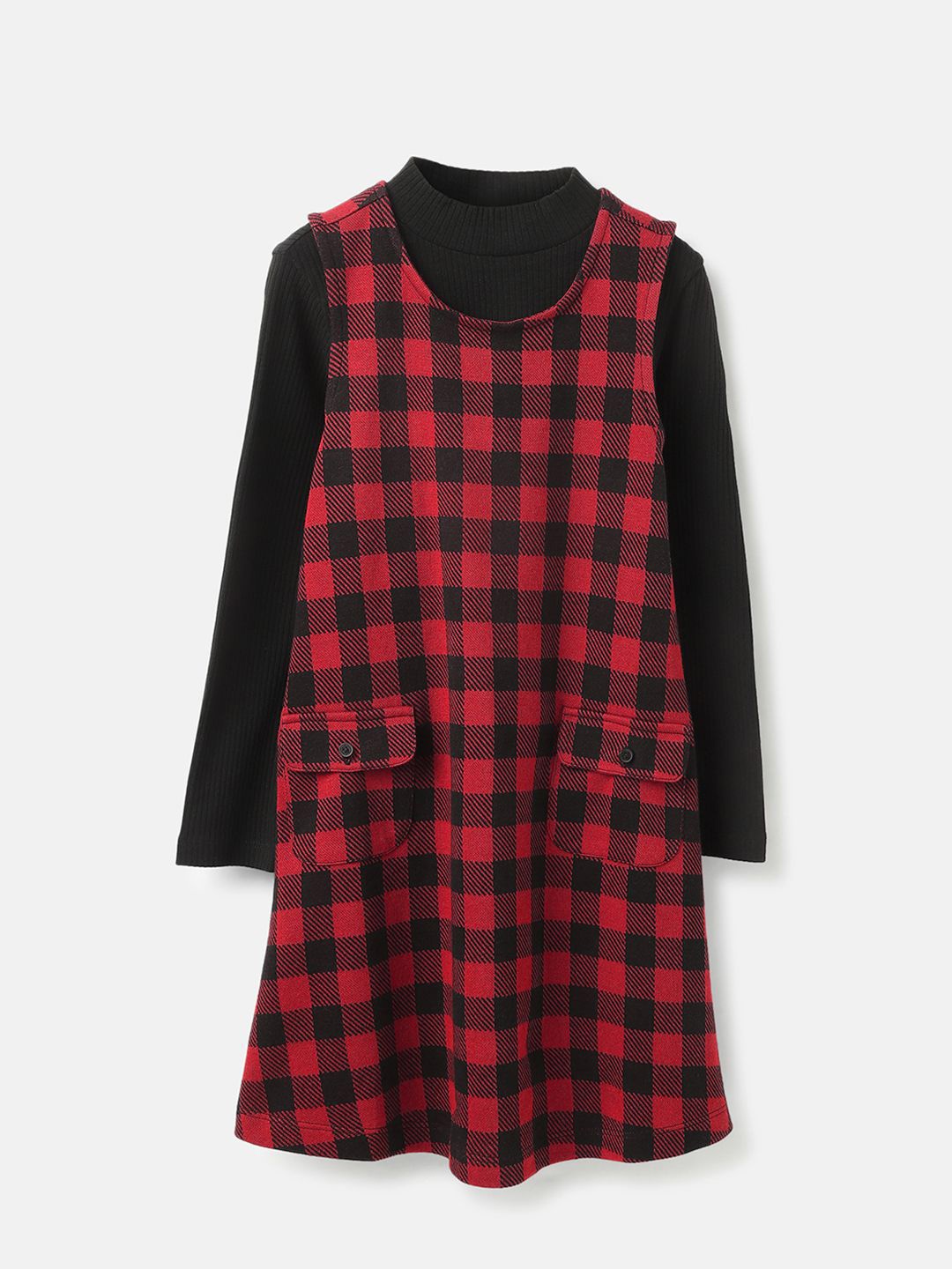 

United Colors of Benetton Checked Pure Cotton Long Sleeves A-Line Dress, Red