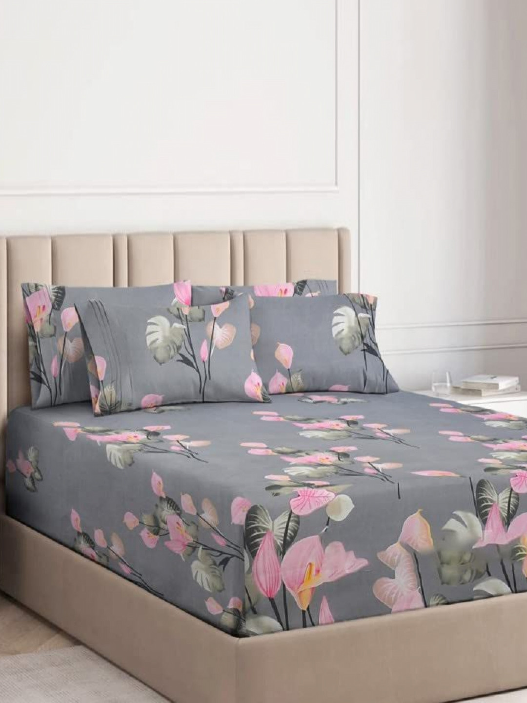 

THE little BIG STORE Grey Floral Cotton 140 TC Fitted Double Bedsheet Set-2.13 m x 2.13 m