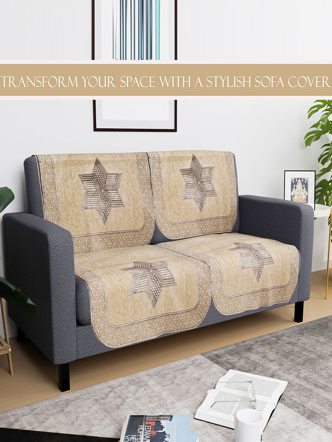 

Kuber Industries Cream & Brown 4 Pieces Printed 2-Seater Sofa Covers