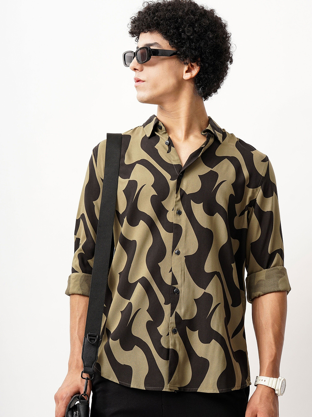 

British Club Men Comfort Spread Collar Abstract Printed Slim Fit Casual Shirt, Beige