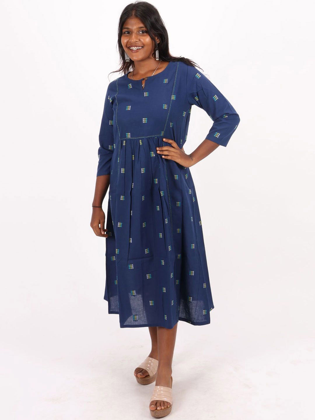 

Avishya Geometric Embroidered Pure Cotton A-Line Midi Dress, Blue