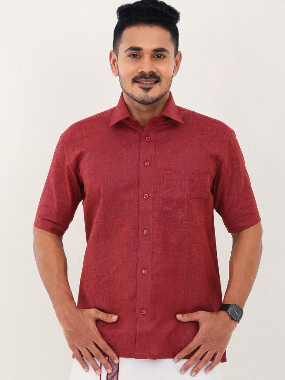 

Ethazh Men Spread Collar Solid Cotton Casual Shirt, Maroon