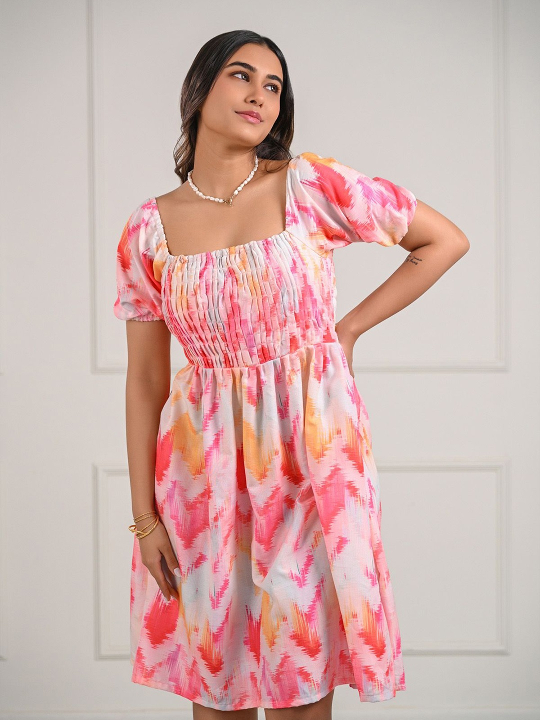

aaRVee STUDIO Print Puff Sleeve A-Line Midi Dress, White