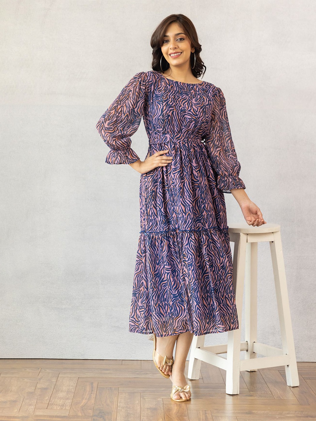 

Polago Clothing Floral Print Puff Sleeve A-Line Midi Dress, Blue