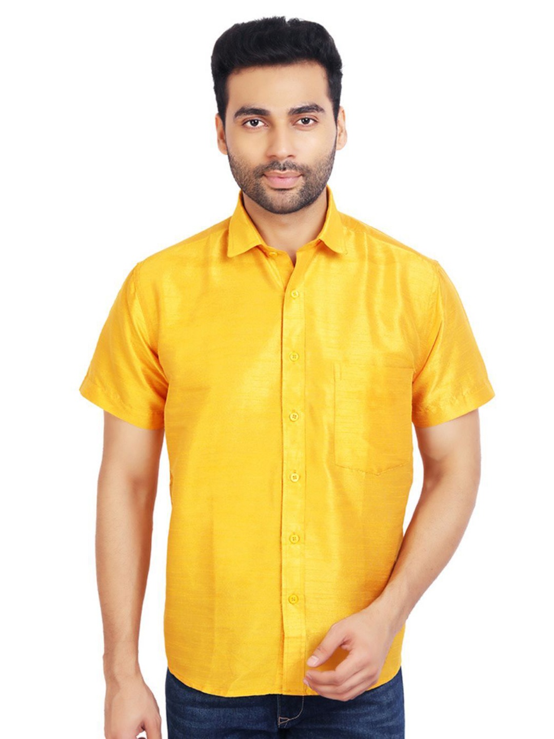 

Ethazh Men Spread Collar Solid Silk Casual Shirt, Yellow