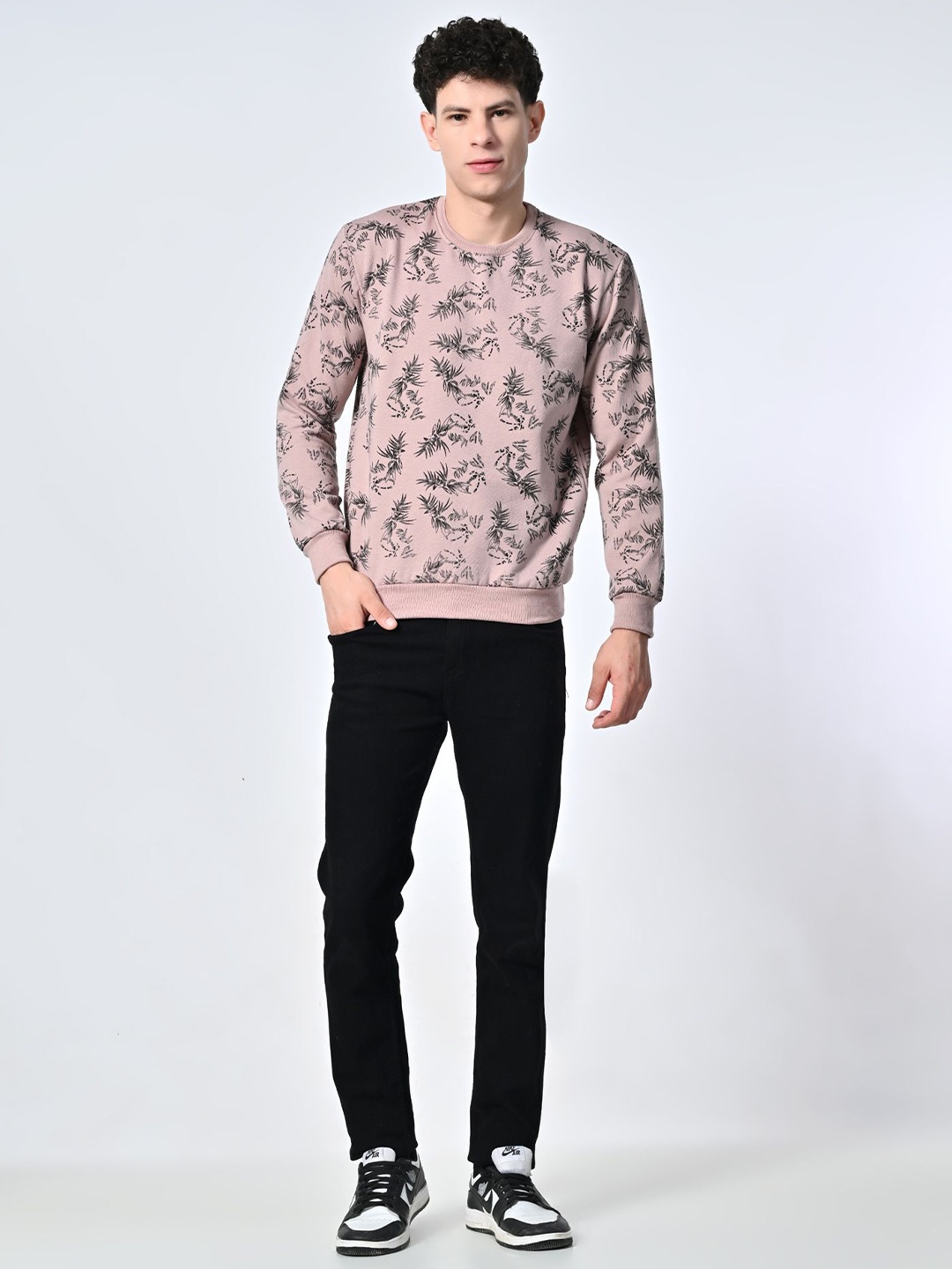 

BAESD Men Floral Printed Round Neck Fleece Pullover Ribbed Sweatshirt, Beige