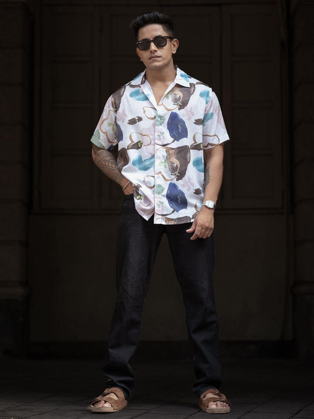 

Powerlook Men Spread Collar Floral Printed Cotton Casual Shirt, White