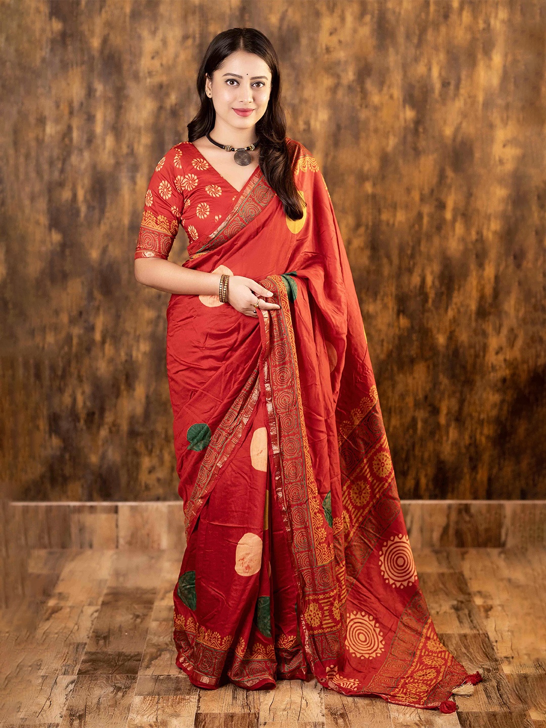 

STAVA CREATION Colourblocked Zari Pure Cotton Chanderi Saree, Orange