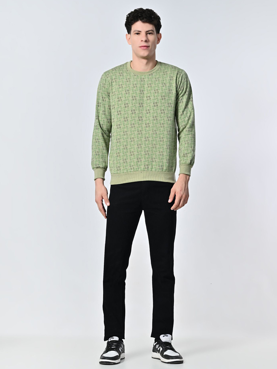 

BAESD Men Geometric Printed Round Neck Fleece Pullover Ribbed Sweatshirt, Green
