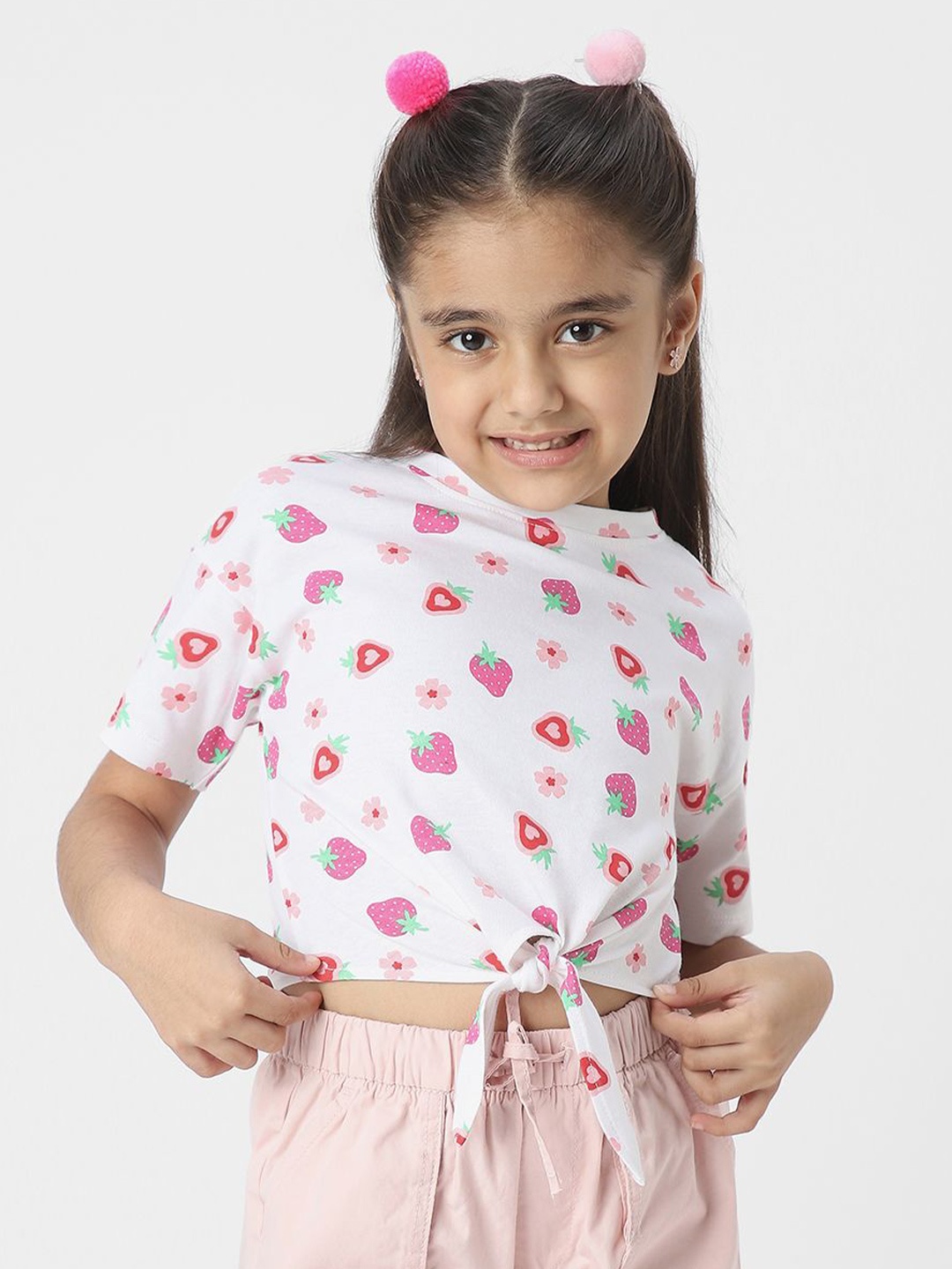 

Nautinati Girls' Cotton Strawberry Printed Crop Top with Front Knot, White