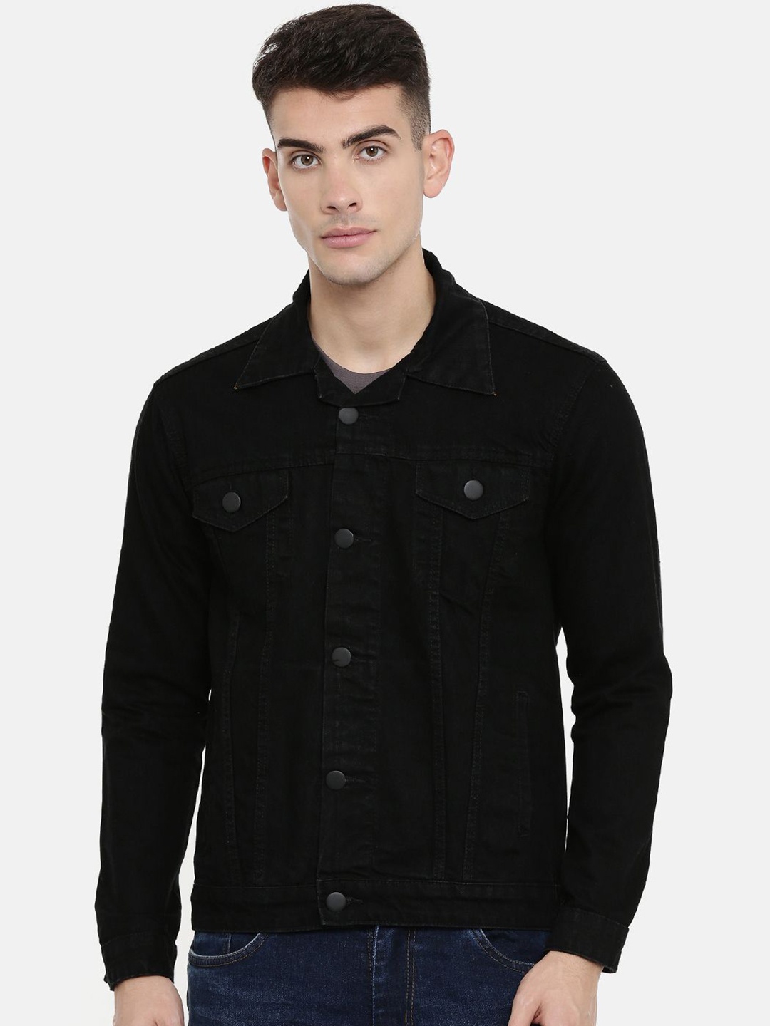 

CINOCCI Men Spread Collar Solid Lightweight Cotton Denim Jacket, Black