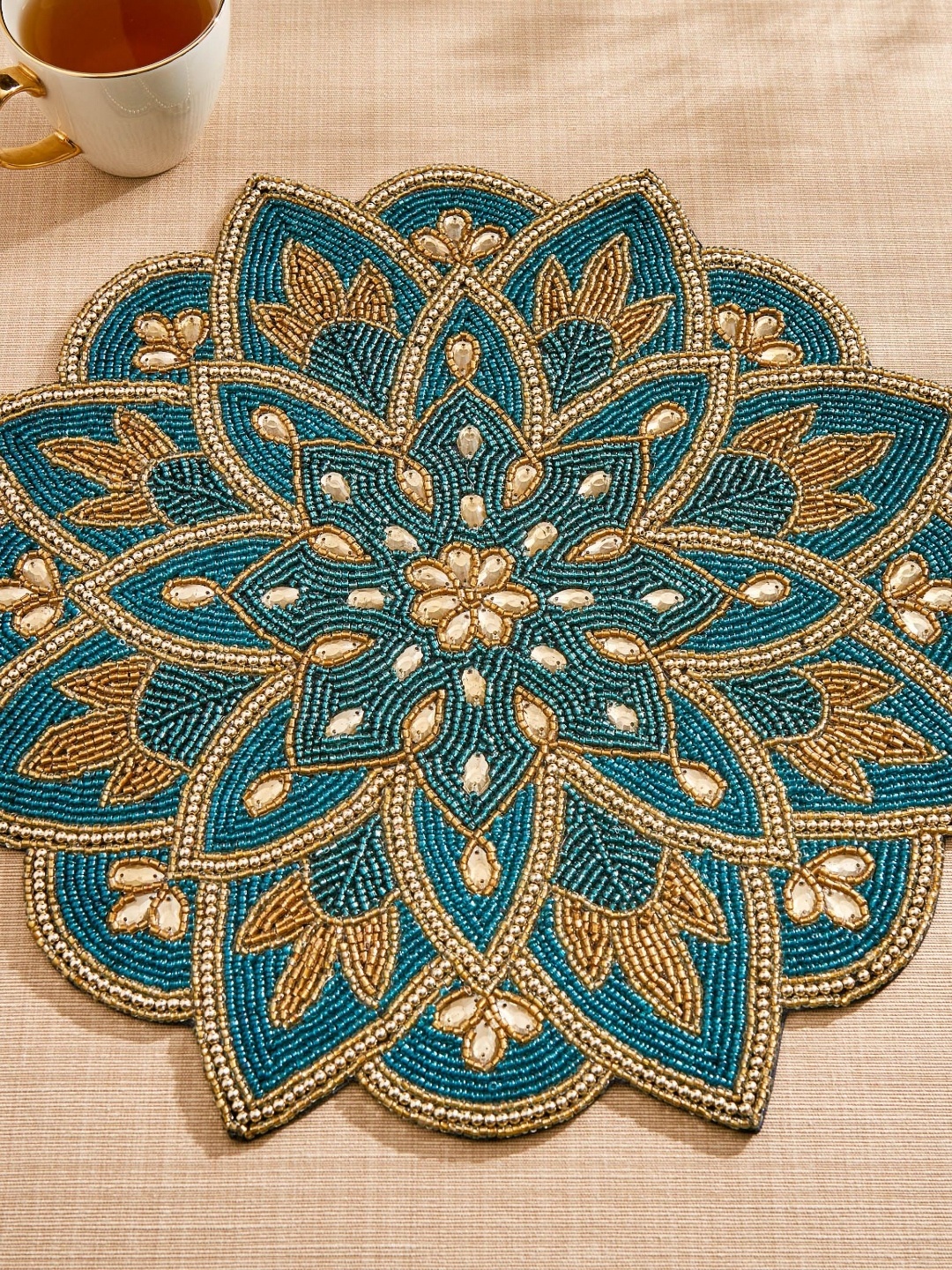

Home Centre Corsica moksha Teal Blue Beaded Table Placemat