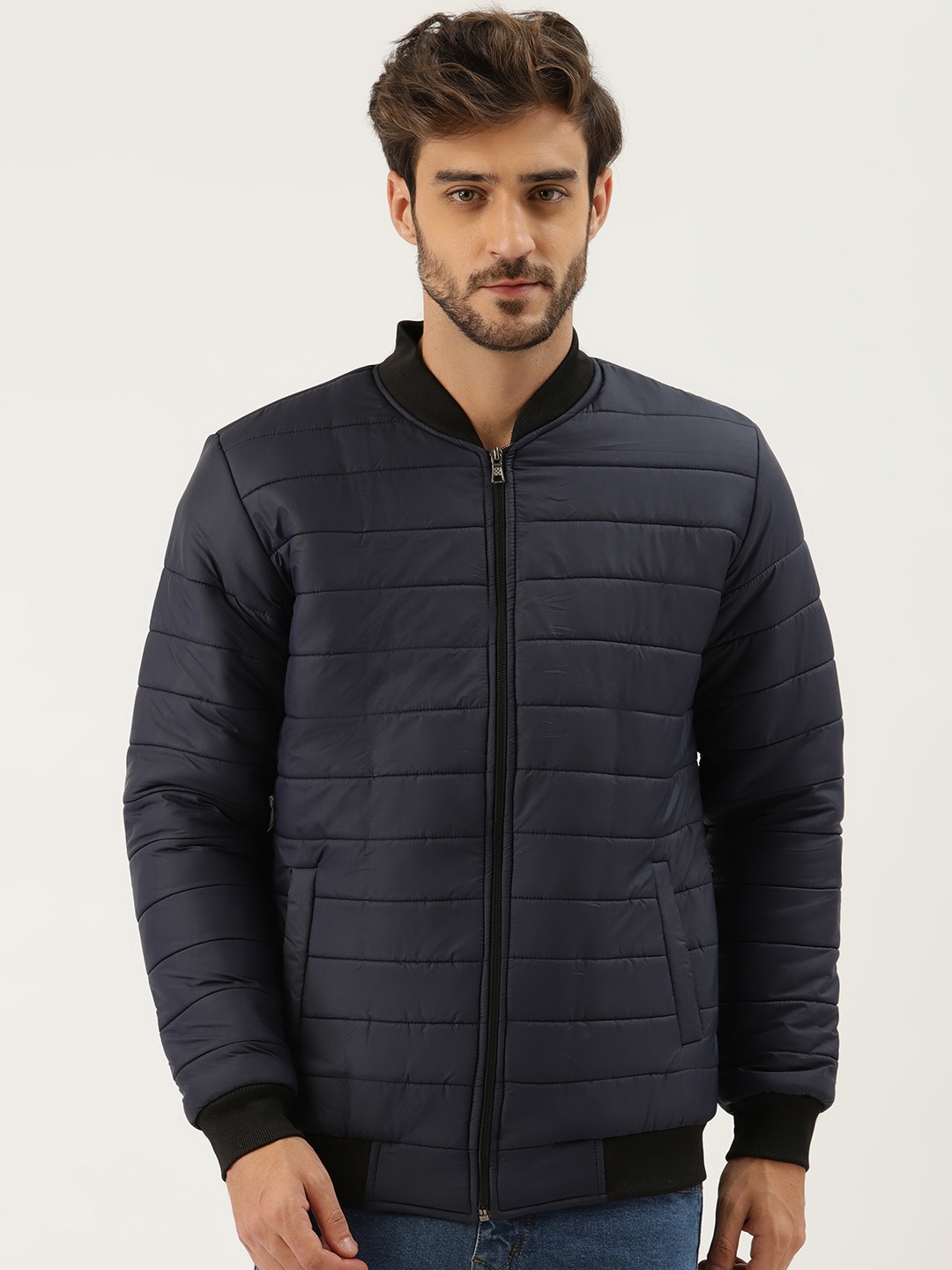 

Leather Retail Men Solid Stand Collar Biker Jacket, Navy blue