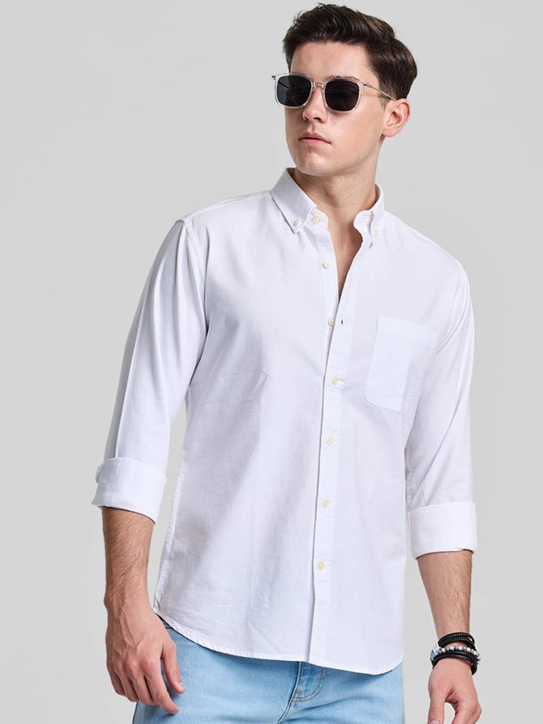 

Snitch Men Smart Button-Down Collar Solid Cotton Slim Fit Casual Shirt, White