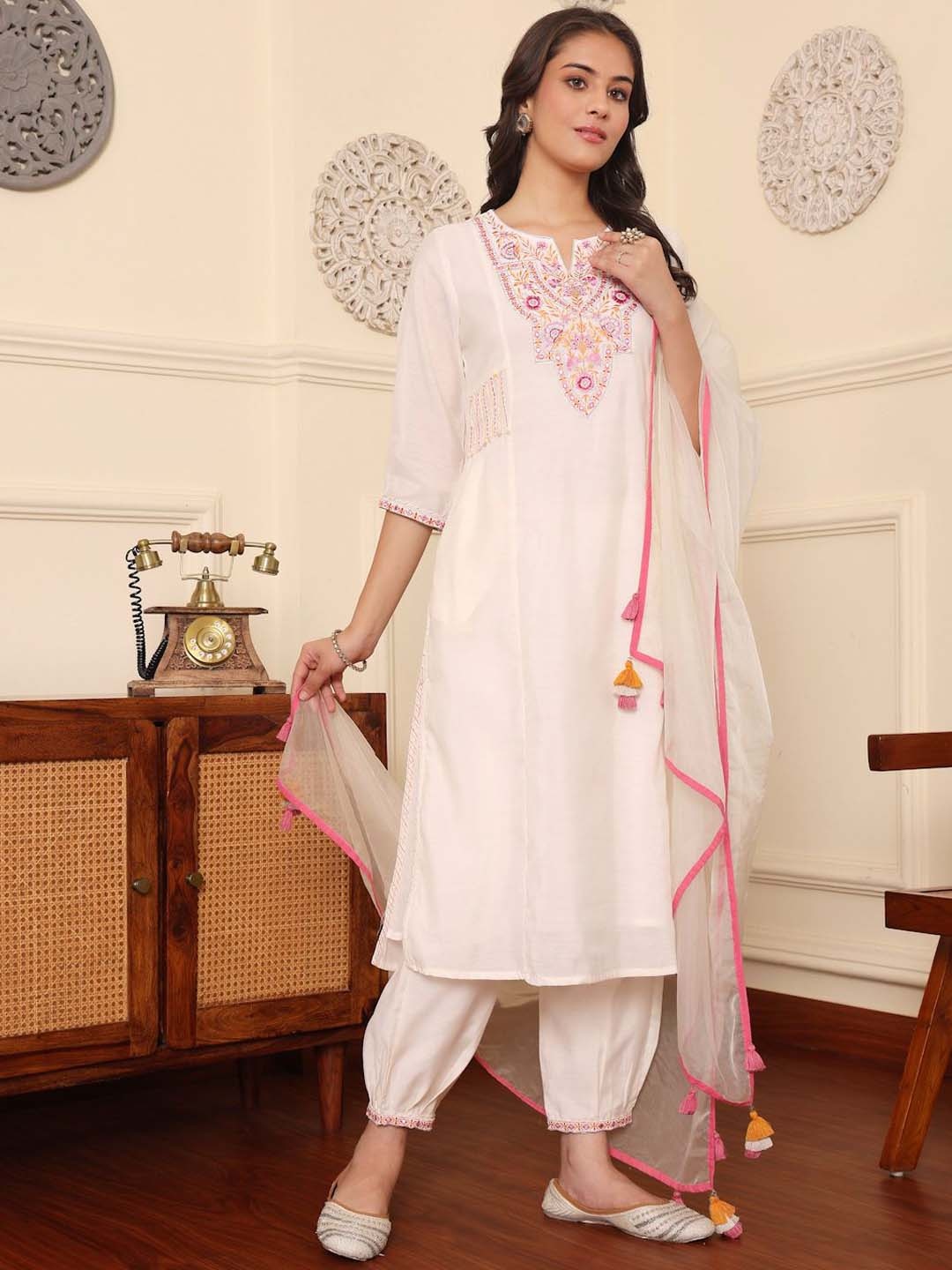 

SAVI Floral Yoke Design Thread Work Chanderi Cotton Straight Kurta with Trousers & Dupatta, Off white