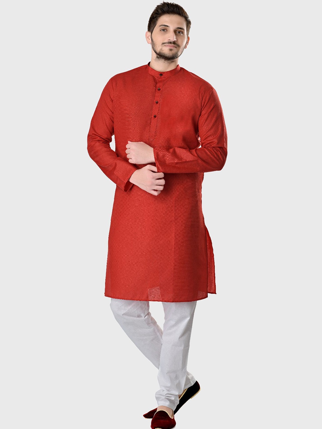 

ENCINO Band Collar Cotton Straight Kurta, Red