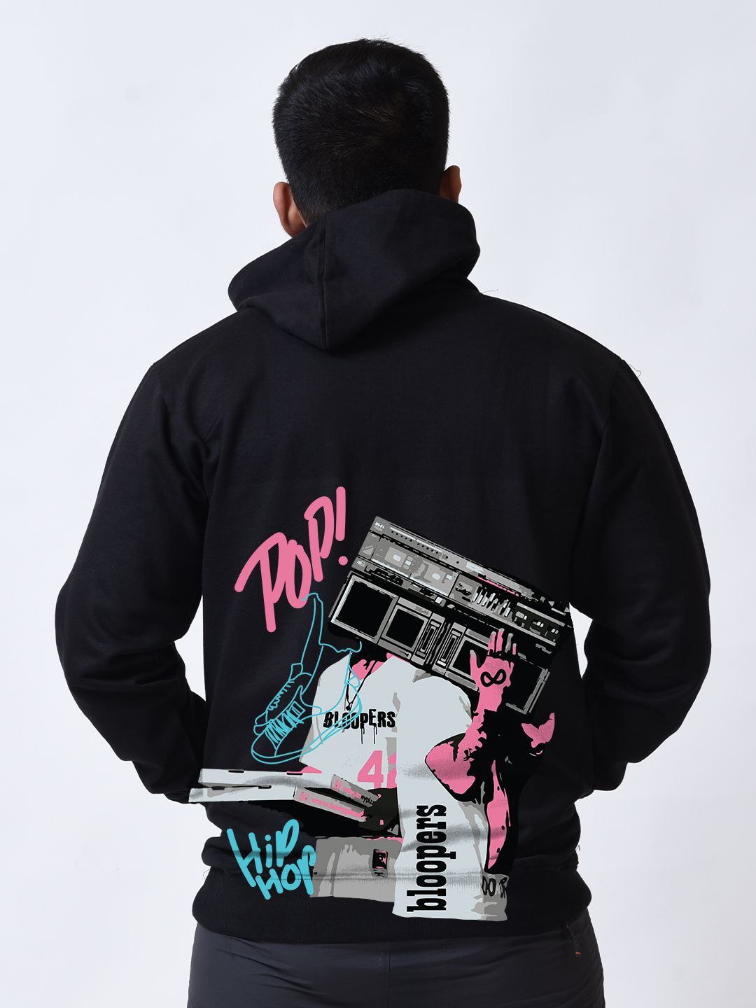 

Bloopers Store Men Graphic Printed Hood Cotton Pullover Ribbed Sweatshirt, Black