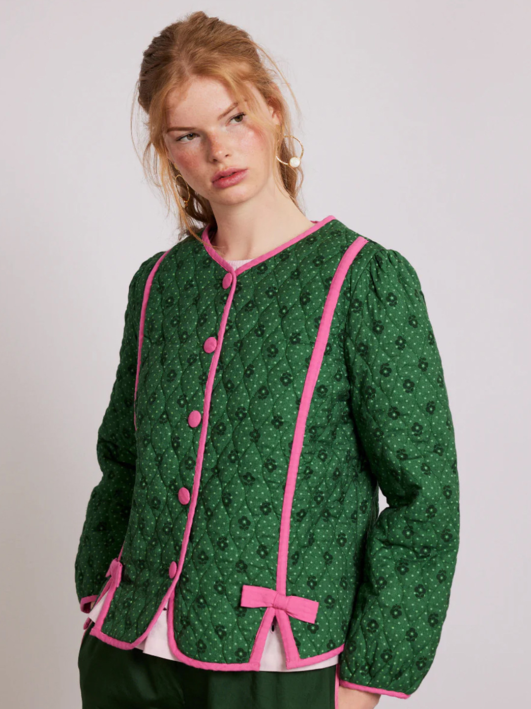 

LULU & SKY Women Collarless Floral Printed Casual Quilted Jacket, Green