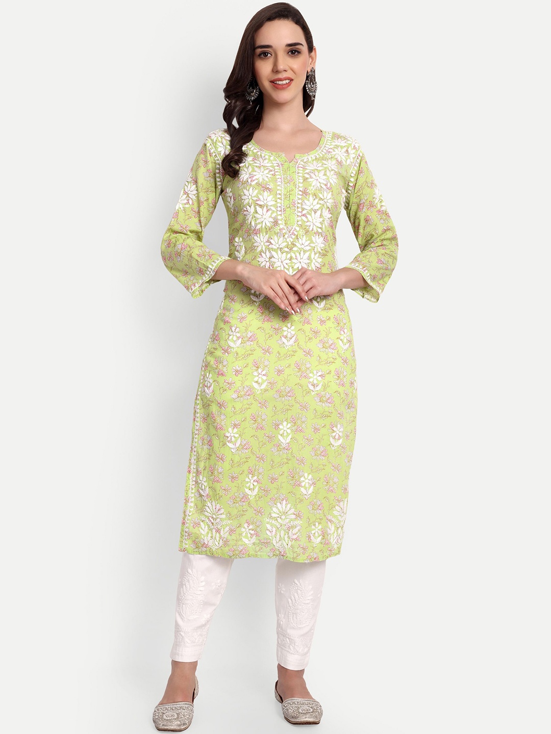 

Indiankala4u Ethnic Motifs Embroidered Lucknow Chikankari MulMul Cotton Straight Kurta, Green