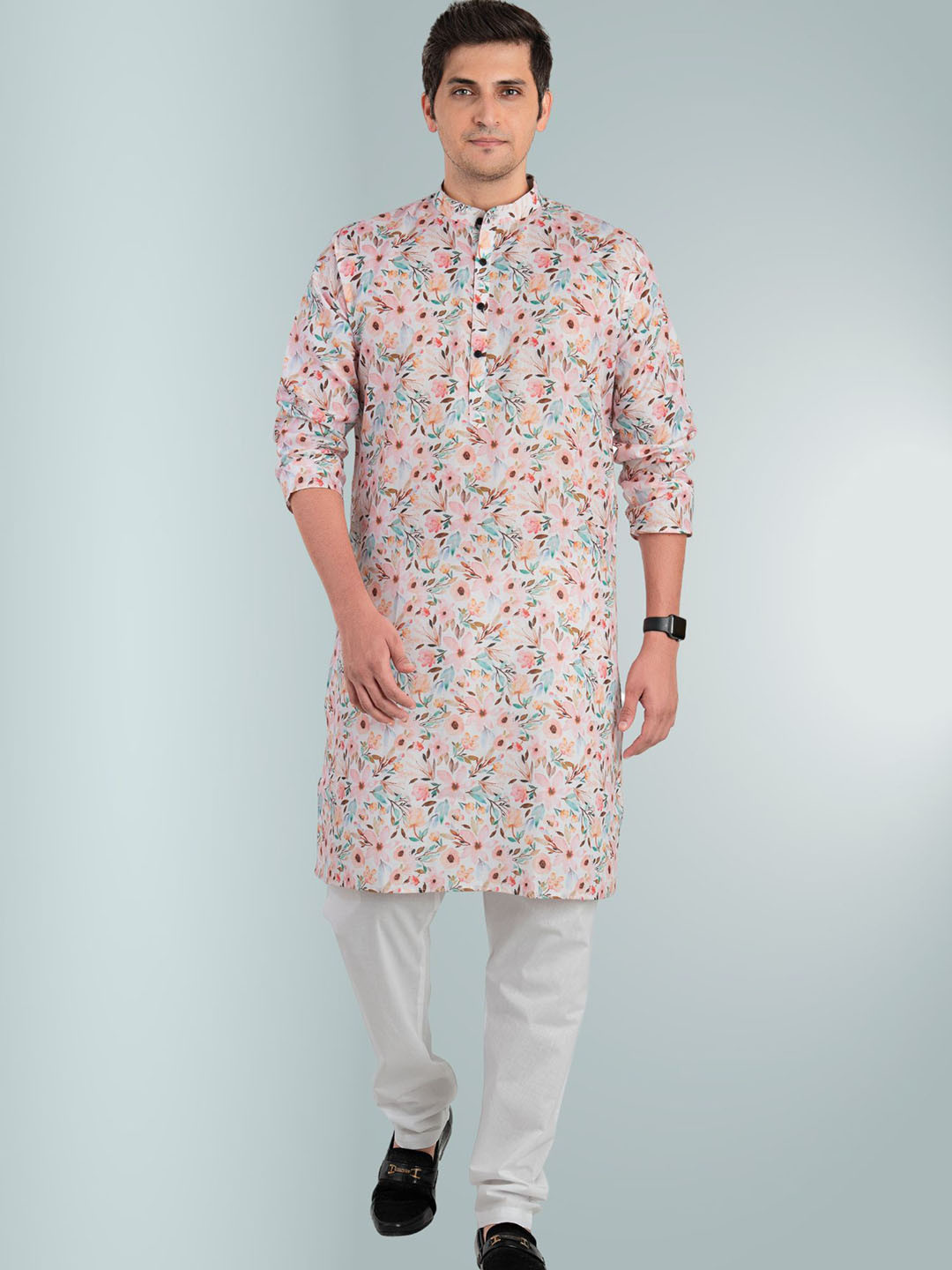 

ENCINO Floral Printed Band Collar Straight Kurta, Pink