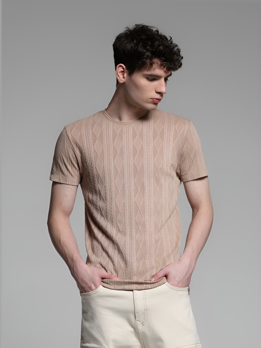 

Jack & Jones Men Self Design Round Neck Slim Fit T-shirt, Brown