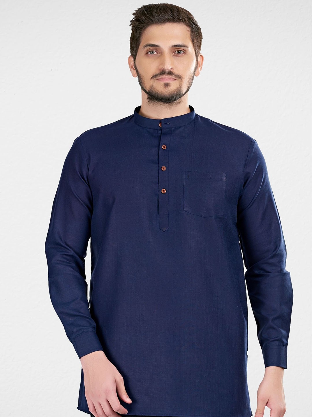 

ENCINO Band Collar Cotton Straight Kurta, Navy blue